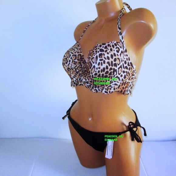38C/L Victorias Secret Swim Ruffle Demi Top Bikini Set Side Tie Cheeky Leopard - Picture 2 of 10